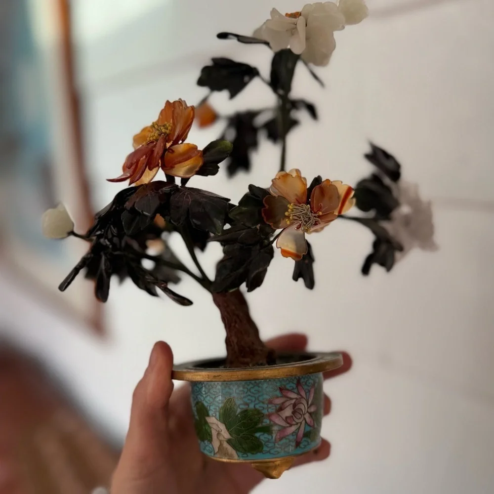 Vintage Chinese Carved Hardstone Flowering Bonsai in a Cloisonne Plant Pot jade
